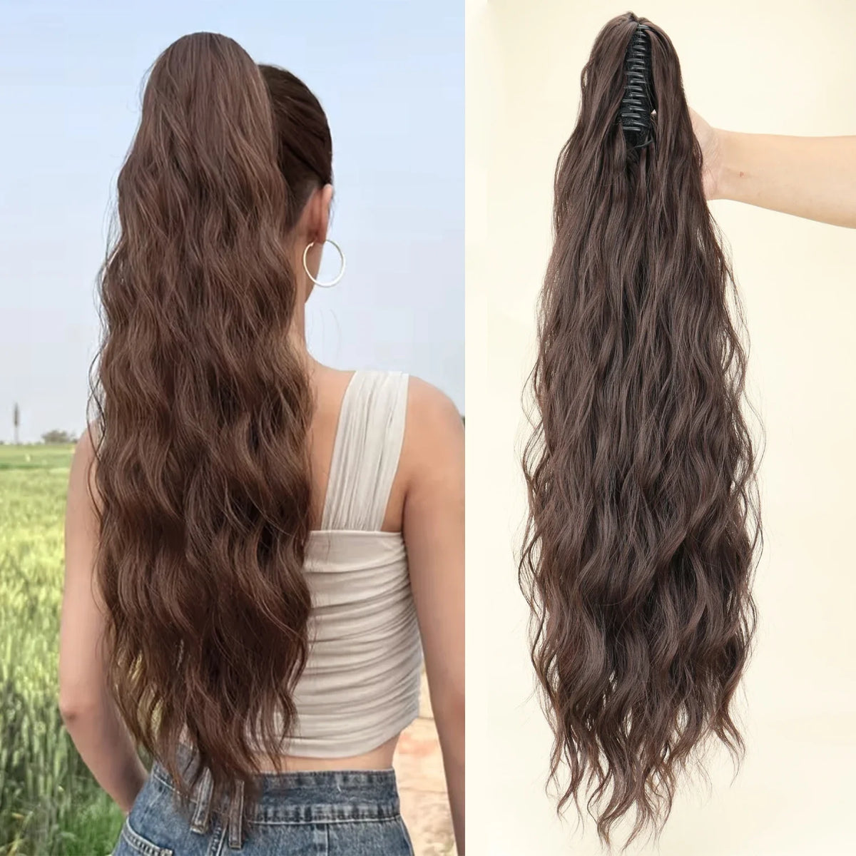 Synthetic Water Wave Claw Clip Ponytail Hair Extension – Black & Blonde, Heat-Resistant Fluffy Messy Style for Women