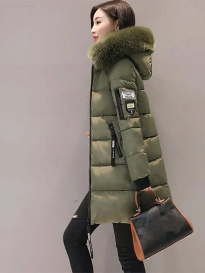 Women's Winter Parka – Fur Collar Hooded Long Jacket, Slim Fit, Warm & Thick with Letter Patch & Zipper Pockets