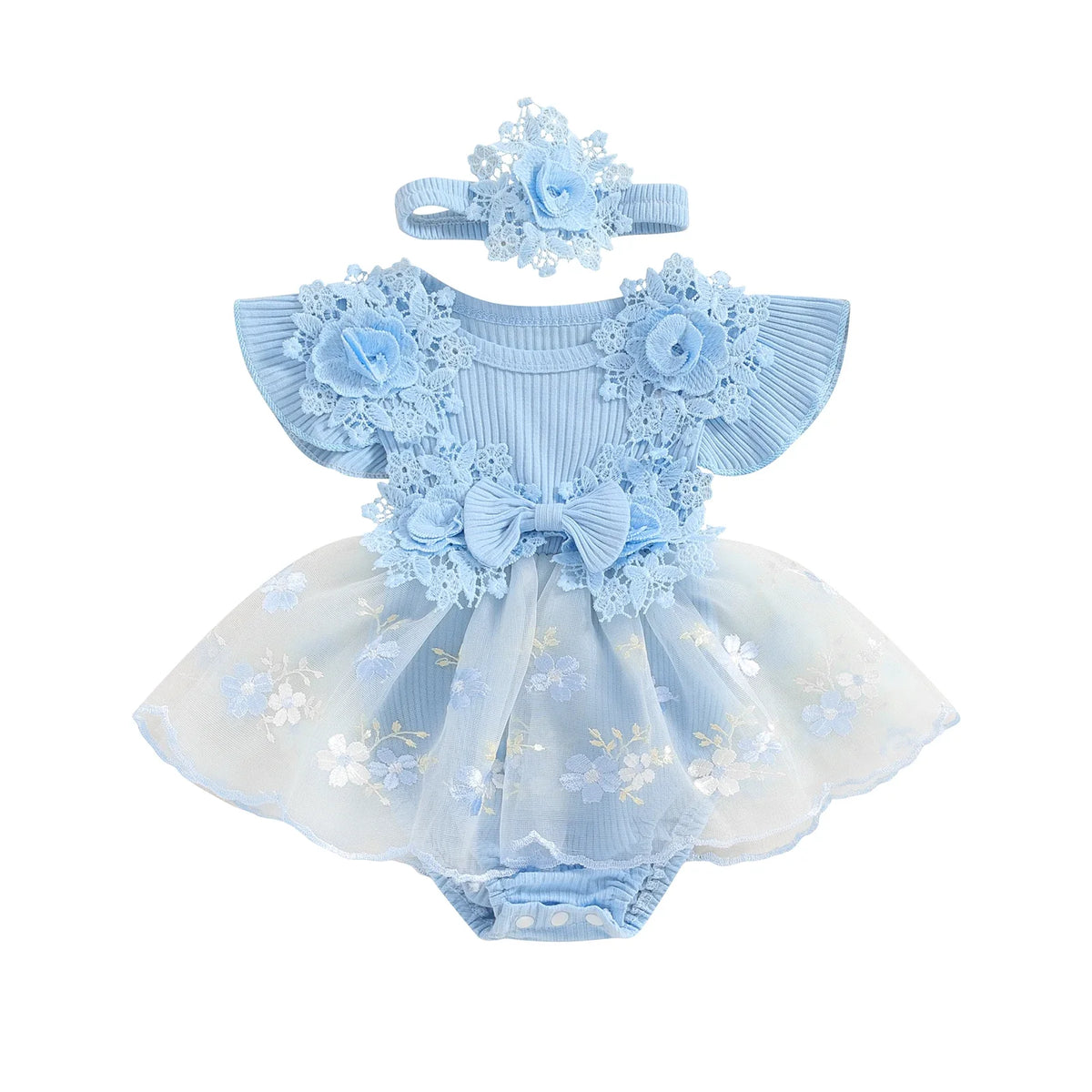 3D Flower Baby Girls’ Romper - Princess Mesh Lace Ruffle Bodysuit Dress with Headband