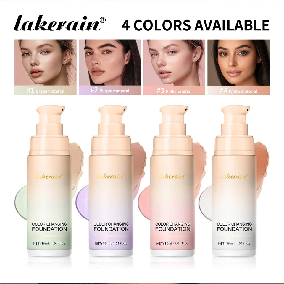 Color-Changing 4-in-1 Foundation – Moisturizing SPF 30+ Longwear Waterproof Makeup Base for Hydrating Travel Coverage