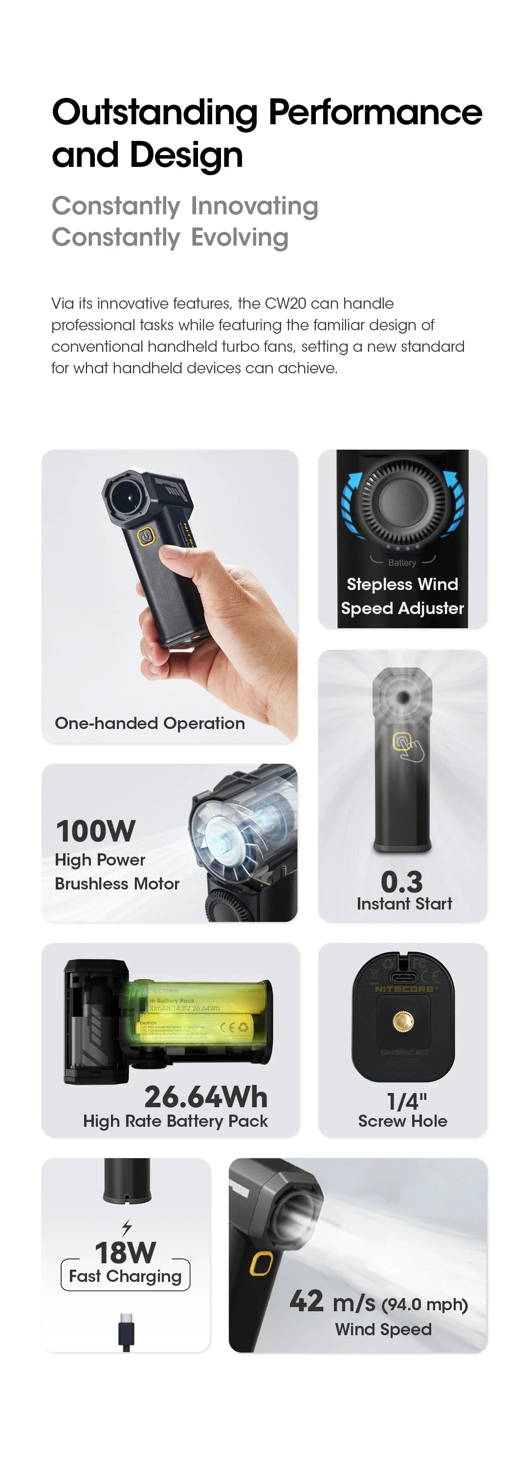 NITECORE CW20 Multipurpose Pocket Fan - Portable Stepless Wind Blower for Photography, Canon, Sony, Short Video & Camping