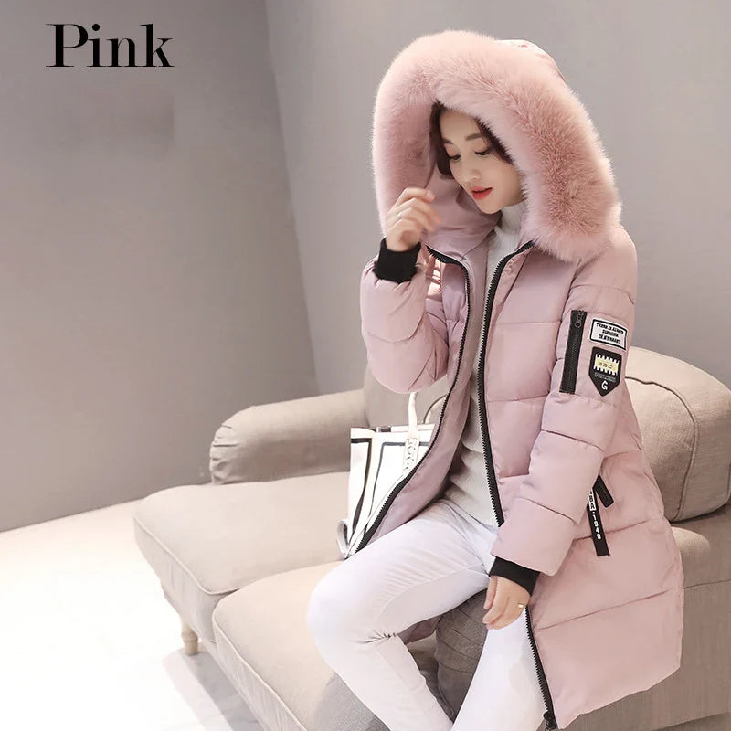Women's Winter Parka – Fur Collar Hooded Long Jacket, Slim Fit, Warm & Thick with Letter Patch & Zipper Pockets