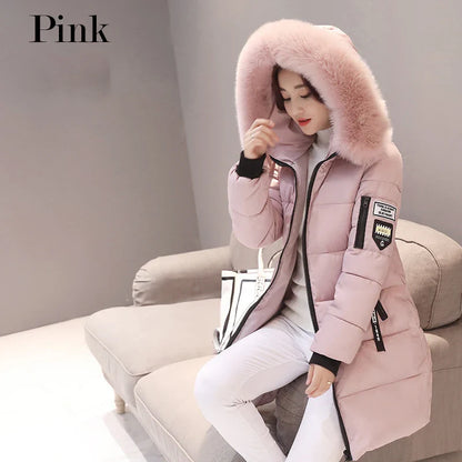 Women's Winter Parka – Fur Collar Hooded Long Jacket, Slim Fit, Warm & Thick with Letter Patch & Zipper Pockets