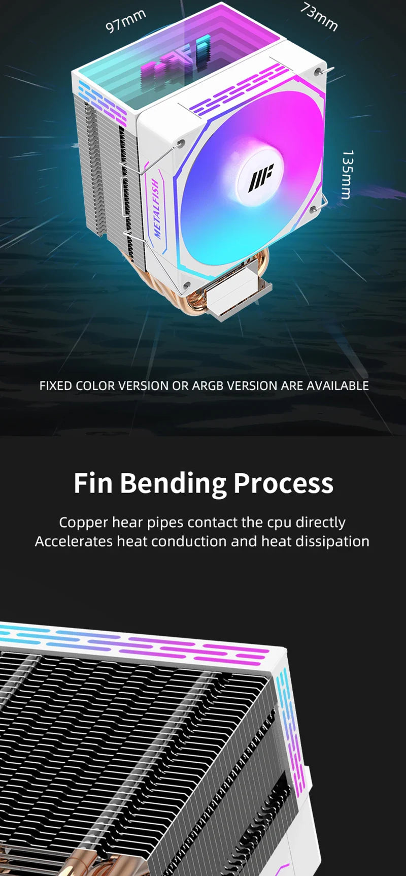 METALFISH White CPU Cooler — Silent ARGB 4-Pin PWM Fan with Radiator for Intel LGA 1700/1200/1150/1155/1156/1366/2011 & AMD AM5/AM4/AM3/X99/X79