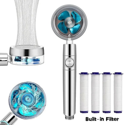 360° Rotation Turbo Fan Shower Head – High Pressure, Water-Saving Adjustable Spray with Filters for Bathroom Accessories