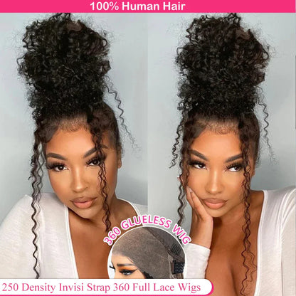 Invisi Strap 360 Lace Frontal Wig – Pre-Plucked Deep Curly Glueless Human Hair Wig, Pre-Cut Full Lace Wig