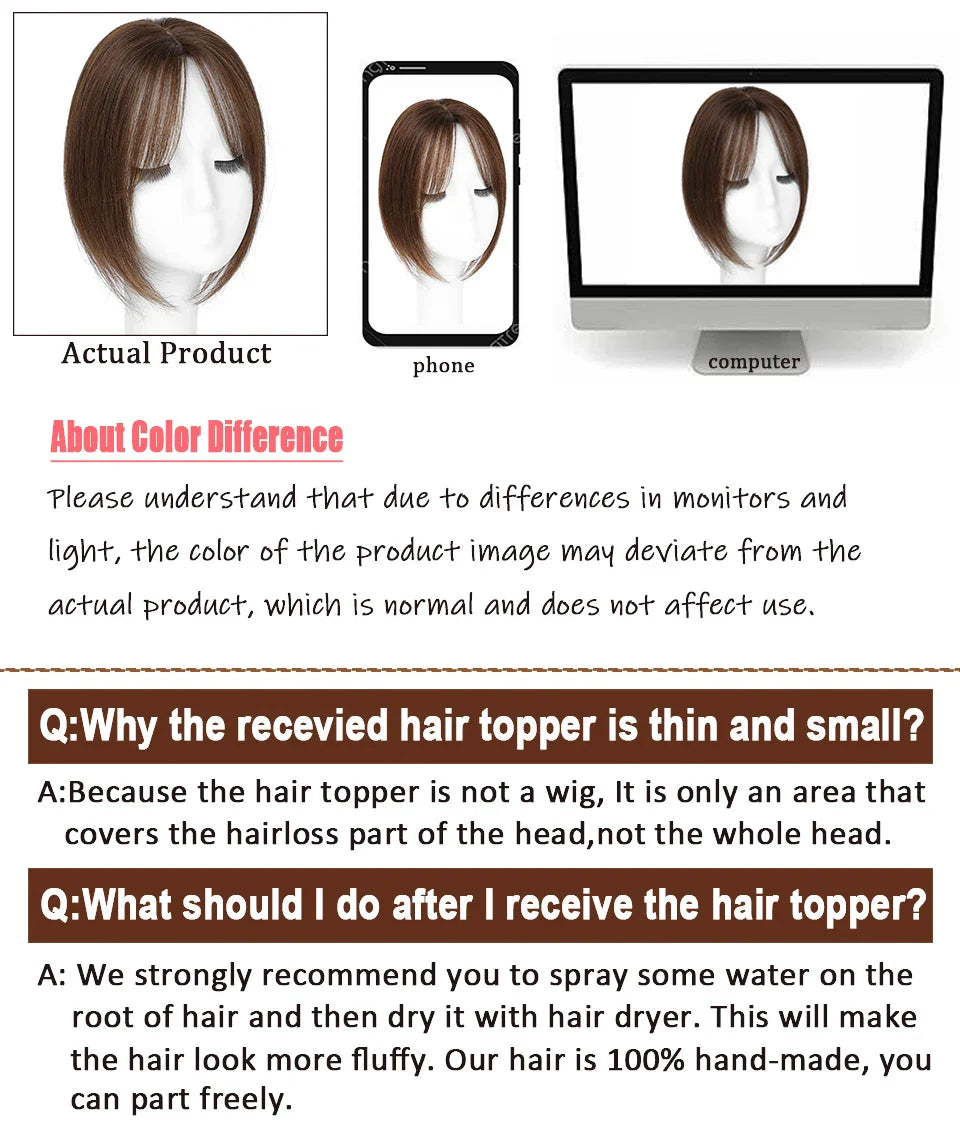 Dazzeal Human Hair Topper – 100% Real Straight Hair, Lace Base, Clip-In with Bangs, 10x12cm, 360° Coverage