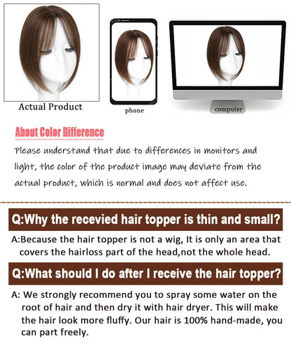 Dazzeal Human Hair Topper – 100% Real Straight Hair, Lace Base, Clip-In with Bangs, 10x12cm, 360° Coverage