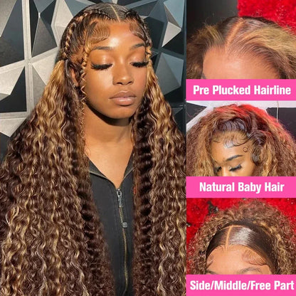 Honey Blonde Deep Water Wave HD Lace Frontal Wig – 13x6 Human Hair, Highlight Curly, 30-34 Inch Length