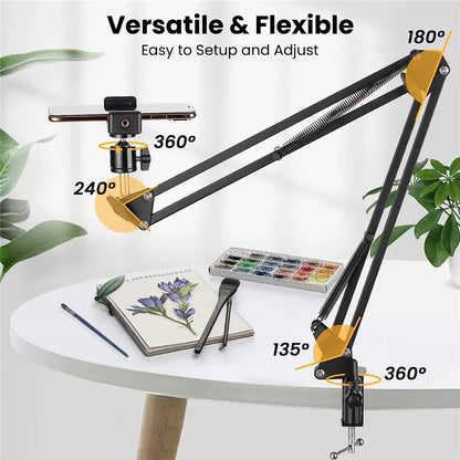 Flexible Arm Phone Tripod Stand for Table & Desktop | Foldable Overhead Mount for Live Video & Photography