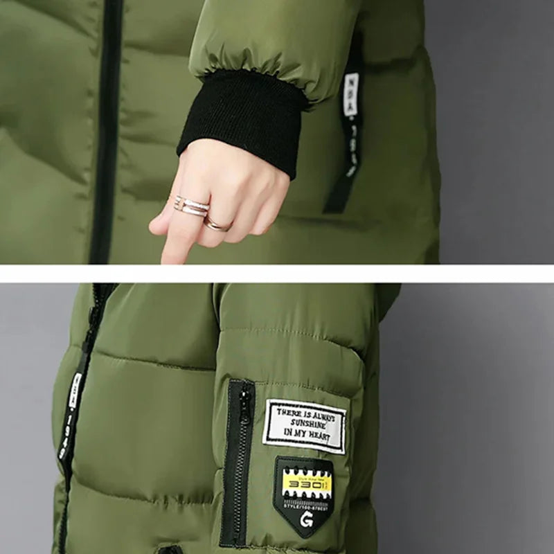 Women's Winter Parka – Fur Collar Hooded Long Jacket, Slim Fit, Warm & Thick with Letter Patch & Zipper Pockets