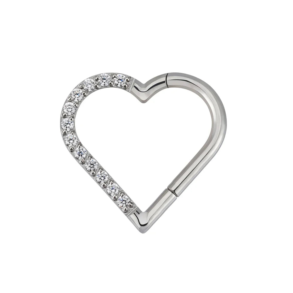 Right Grand ASTM F136 Titanium Daith Heart Hoop Earring – Hinged Segment Ring with Clear CZ for Cartilage, Tragus & Helix Piercing Jewelry