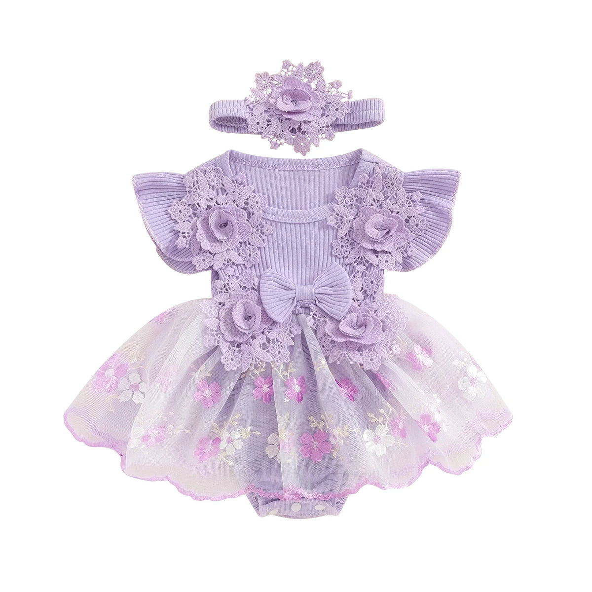 3D Flower Baby Girls’ Romper - Princess Mesh Lace Ruffle Bodysuit Dress with Headband