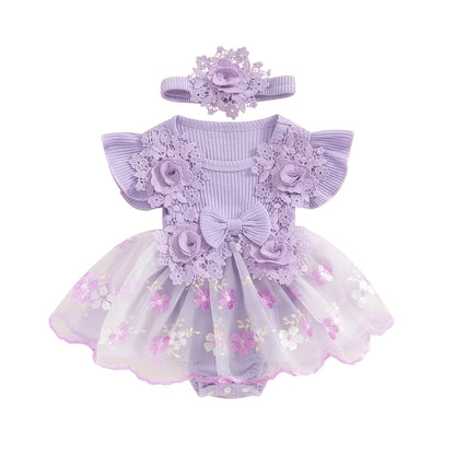 3D Flower Baby Girls’ Romper - Princess Mesh Lace Ruffle Bodysuit Dress with Headband