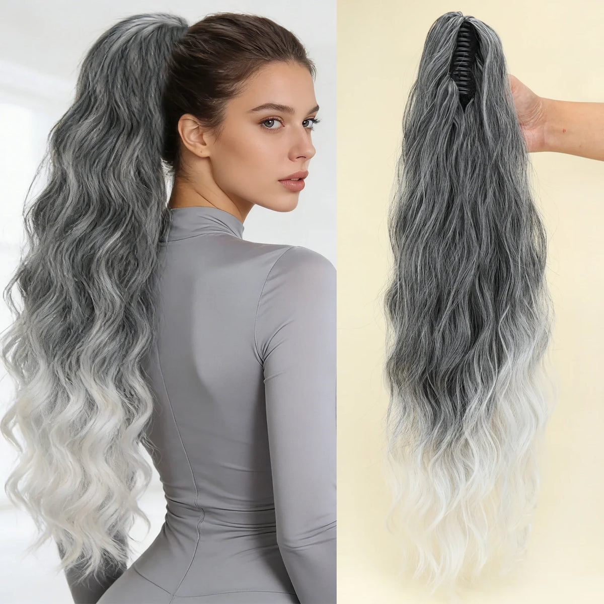 Synthetic Water Wave Claw Clip Ponytail Hair Extension – Black & Blonde, Heat-Resistant Fluffy Messy Style for Women