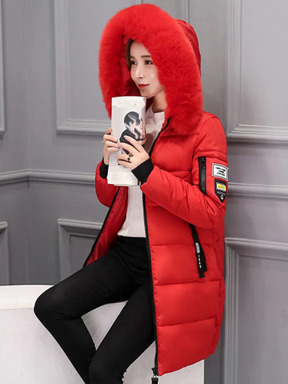 Women's Winter Parka – Fur Collar Hooded Long Jacket, Slim Fit, Warm & Thick with Letter Patch & Zipper Pockets