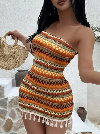 Women’s Printed Tassel Halter Dress - Slimming Waist Bodycon Draped Evening Dress for Elegant Style