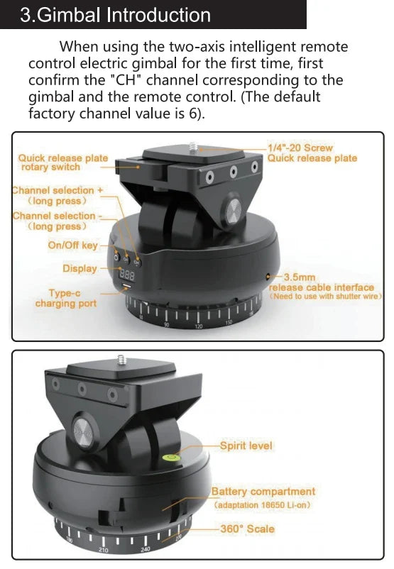 Desiontal YT-1200 Rotation Panoramic Remote Control - Pan Tilt Motorized Tripod Electric Head for Phones & Cameras