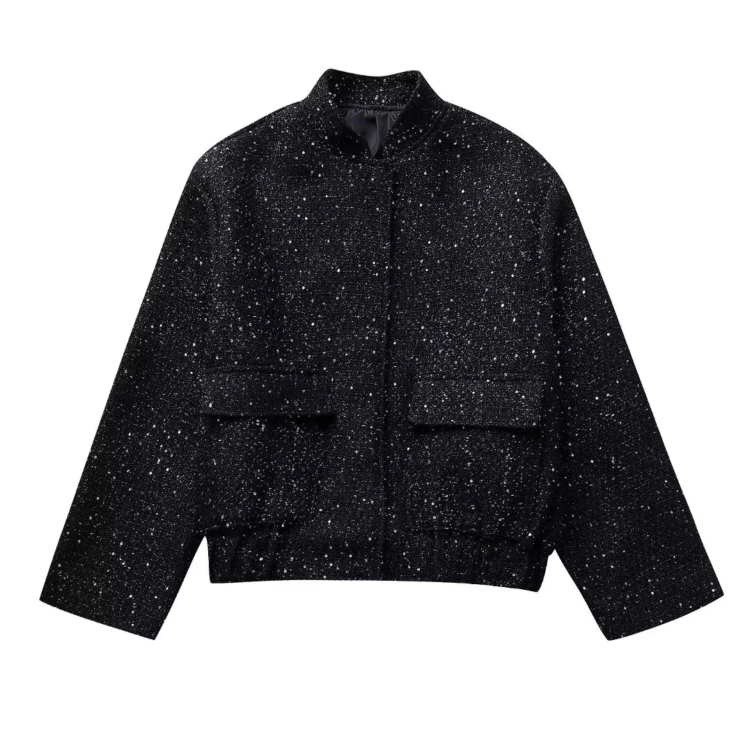 Nlzgmsj Women's Shiny Sequin Jacket – Y2K Gold Stand Collar Long Sleeve Short Coat, Autumn/Winter High Streetwear