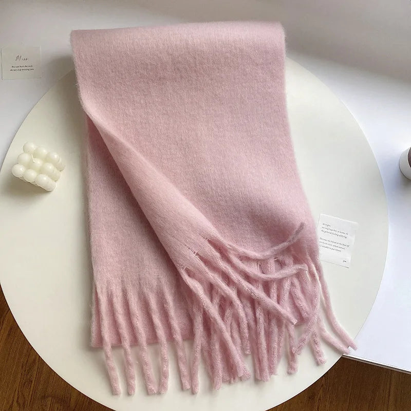 Luxury Cashmere Scarf for Women - Thickened Warm Shawl with Classic Tassels, Soft Solid Color Wrap for Autumn and Winter