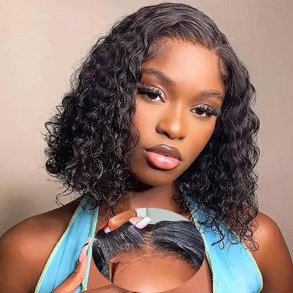 12 Inch Deep Wave Bob Human Hair Wig – 13x4 HD Transparent Lace Front Pre-Plucked Curly Wet & Wavy Glueless Water Wave Wig for Black Women, Natural Black Short Bob