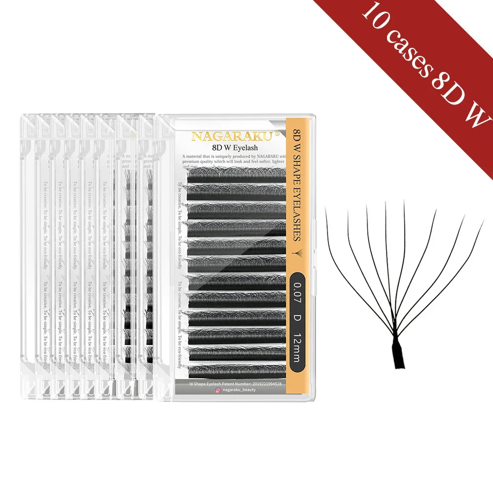 NAGARAKU W-Shape Bloom Eyelash Extensions – 10 Cases Premade 3D-8D Fans, Soft Natural Full-Density Lashes