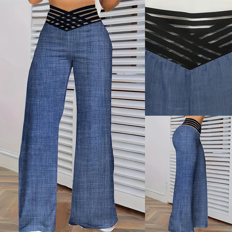 Stay on Trend: Women's Autumn Wide Leg Flared Pants with Crisscross Sheer Mesh Patch - High Waist Y2K Streetwear for an Elegant Work Look