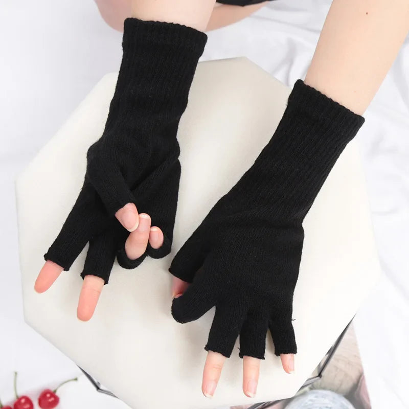 Black Knitted Fingerless Gloves - Winter Thermal Warm Mittens for Men and Women, Cozy Driving, Writing, and Riding Work Gloves