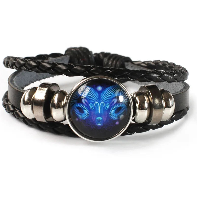 12 Zodiac Signs Constellation Charm Bracelet - Luminous Multilayer Weave Leather Bangle for Men & Women, Birthday Gift