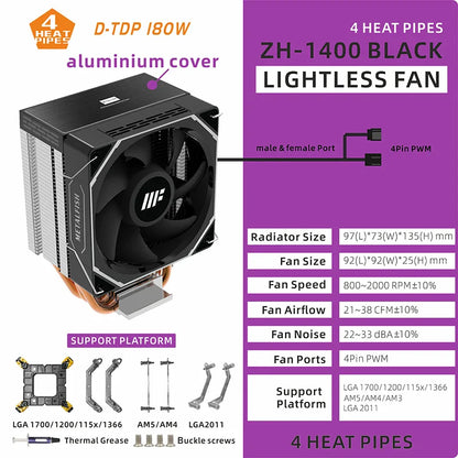 METALFISH ZH1400 ARGB CPU Cooler – 4 Heat Pipes PWM Silent Fan for Intel LGA1700/1200/115X & AMD AM5/AM4 High Performance Cooling