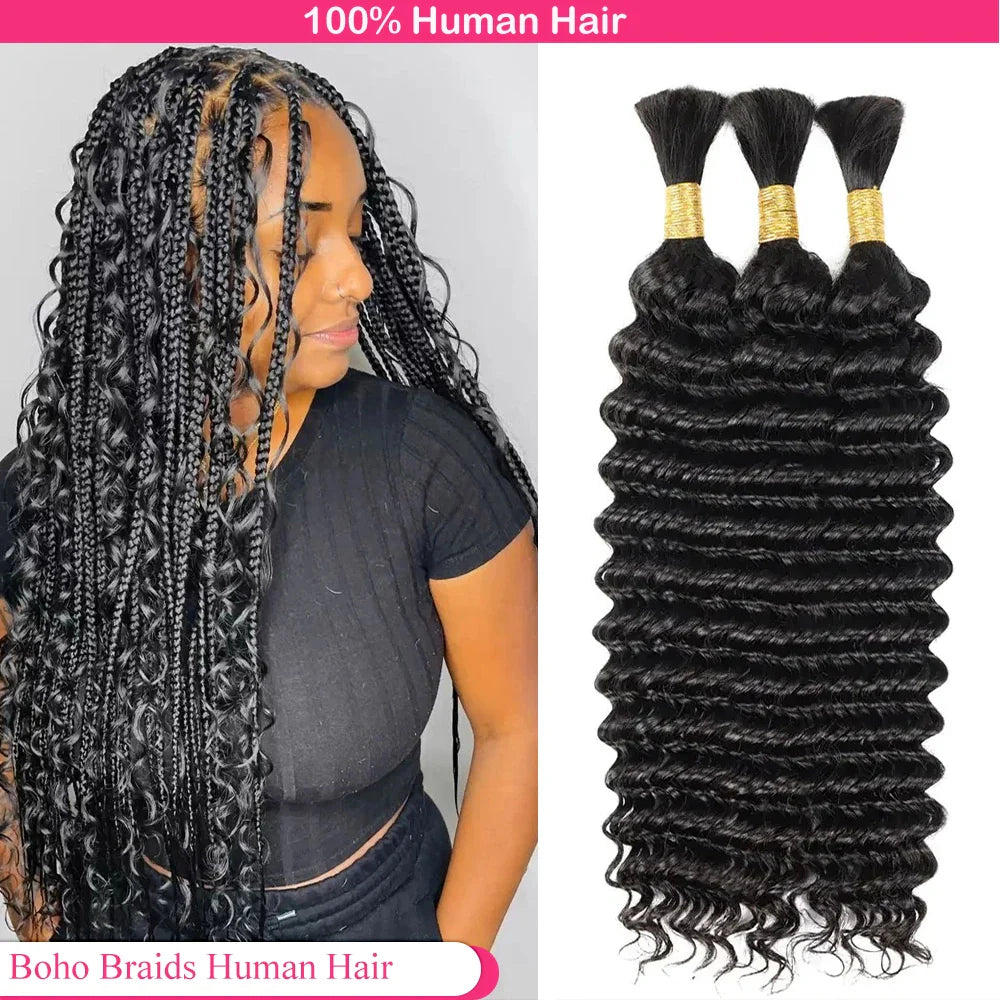 Bulk Braiding Hair - 100% Human Deep Wave Hair, Unprocessed No Weft, Boho Braids, Brazilian Remy Hair Extensions