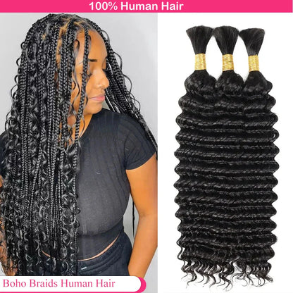 Bulk Braiding Hair - 100% Human Deep Wave Hair, Unprocessed No Weft, Boho Braids, Brazilian Remy Hair Extensions