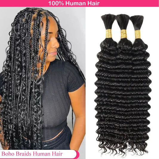 Bulk Braiding Hair - 100% Human Deep Wave Hair, Unprocessed No Weft, Boho Braids, Brazilian Remy Hair Extensions