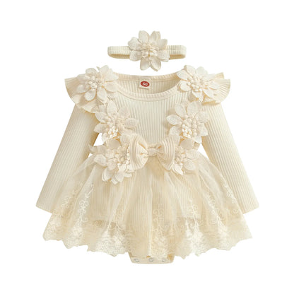 3D Flower Baby Girls’ Romper - Princess Mesh Lace Ruffle Bodysuit Dress with Headband