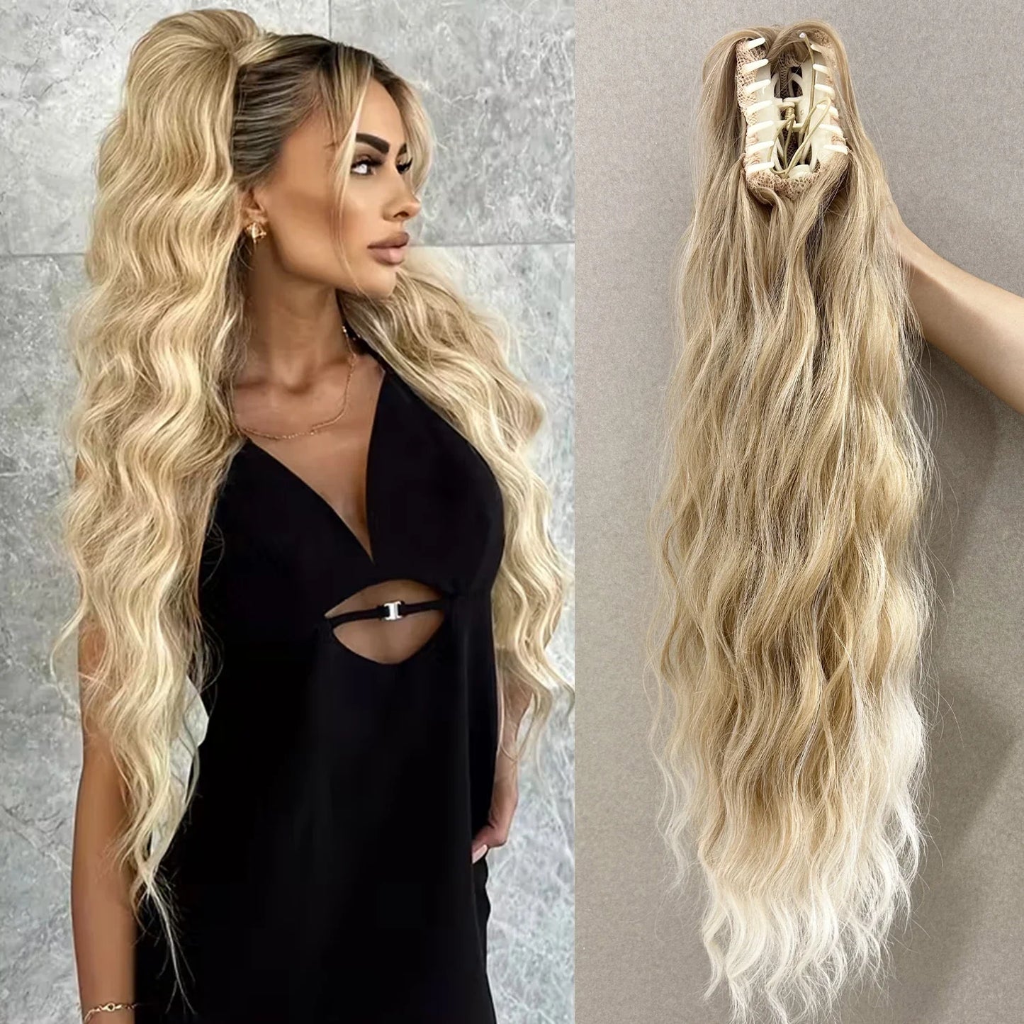 Synthetic Water Wave Claw Clip Ponytail Hair Extension – Black & Blonde, Heat-Resistant Fluffy Messy Style for Women