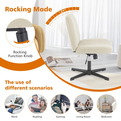 Adjustable Cross Legged Rocking Gaming Chair - Armless Wide Desk Swivel Task Chair for Home Office and Living Room
