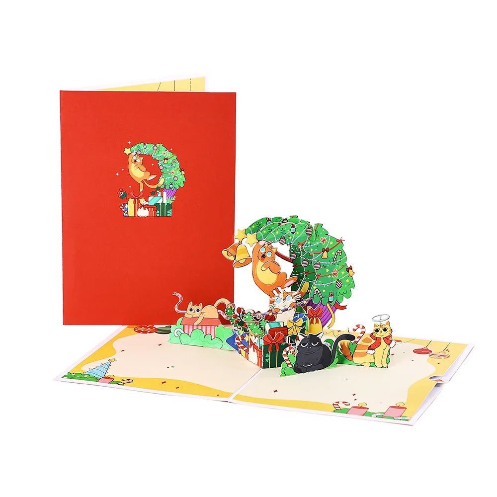 3D Christmas Tree Greeting Card – Cat Xmas Pop-Up Postcard with Envelope