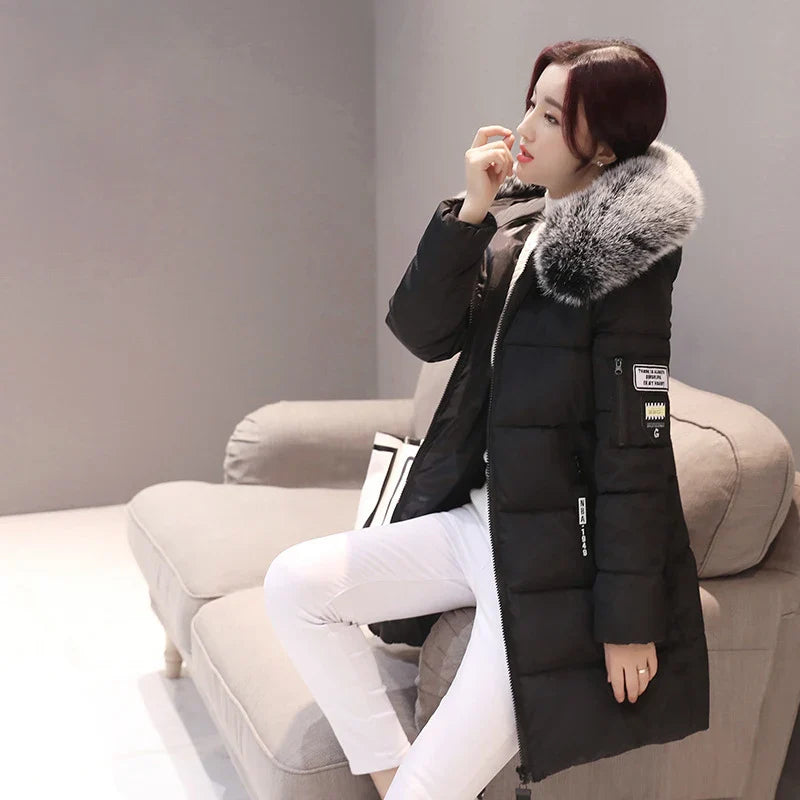 Women's Winter Parka – Fur Collar Hooded Long Jacket, Slim Fit, Warm & Thick with Letter Patch & Zipper Pockets
