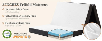 Three-Fold Portable Floor Bed – CertiPUR-US Certified, Soft Touch, Flexible Zipper for Travel, Camping & Yoga