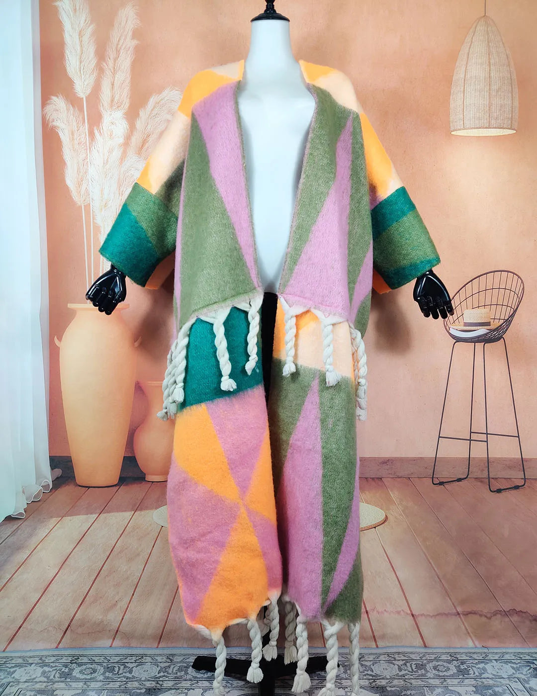 Fashion American Blogger Winter Open Front Cardigan – Oversized Warm Fuzzy Multicolor Wool Duster Coat, Soft and Stylish for Women