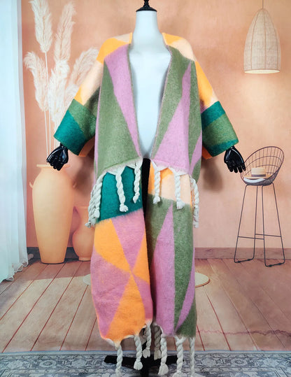 Fashion American Blogger Winter Open Front Cardigan – Oversized Warm Fuzzy Multicolor Wool Duster Coat, Soft and Stylish for Women