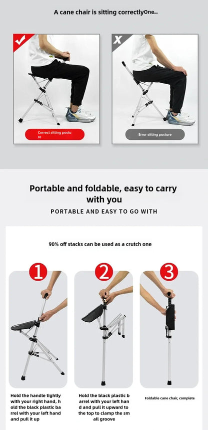 2-in-1 Portable Folding Cane & Chair — Quick-Fold Walking Stick with Built-In Seat and Three Legs