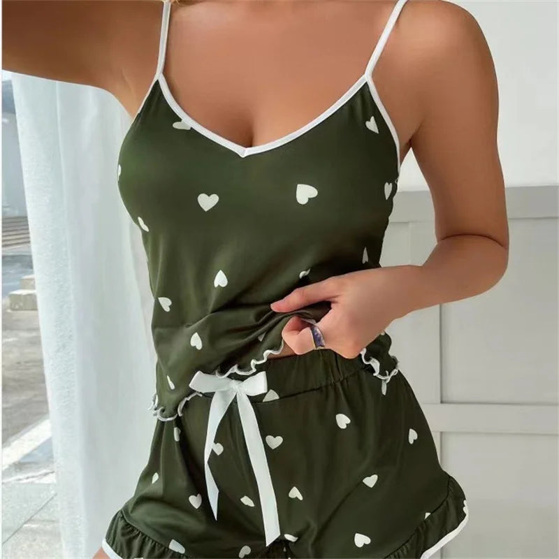 Women’s Summer Pajama Set - Soft Printed Vest Top & Shorts Casual Sleepwear Loungewear