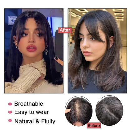 Dazzeal Human Hair Topper – 100% Real Straight Hair, Lace Base, Clip-In with Bangs, 10x12cm, 360° Coverage