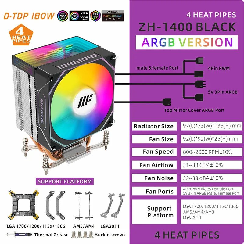 METALFISH White CPU Cooler – ARGB PWM Silent Fan Radiator 4-Pin High Performance Air Cooling for Intel LGA1700/1200/115X/1366/2011 & AMD AM5/AM4/x99/x79