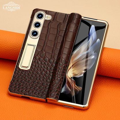 LANGSIDI Leather Case for Samsung Galaxy Z Fold 6/5/4/3 – Gold Plated Magnetic Hinge Cover with Mirror Film & Stand