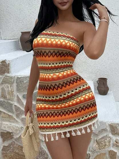 Women’s Printed Tassel Halter Dress - Slimming Waist Bodycon Draped Evening Dress for Elegant Style