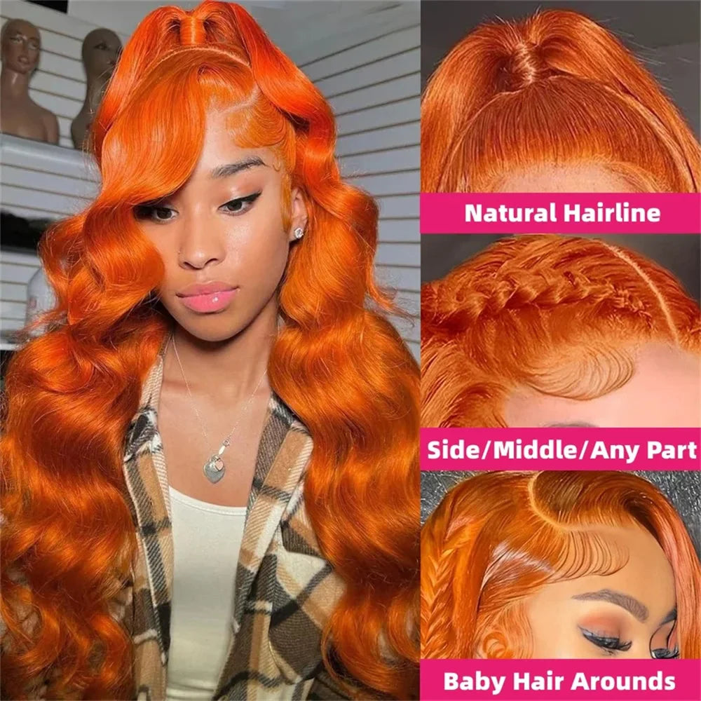 Ginger Orange Body Wave HD Lace Front Wig – 13x6 Transparent Human Hair Wig, 250% Density for Women
