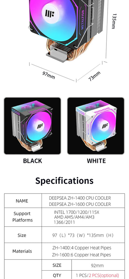 METALFISH White CPU Cooler — Silent ARGB 4-Pin PWM Fan with Radiator for Intel LGA 1700/1200/1150/1155/1156/1366/2011 & AMD AM5/AM4/AM3/X99/X79