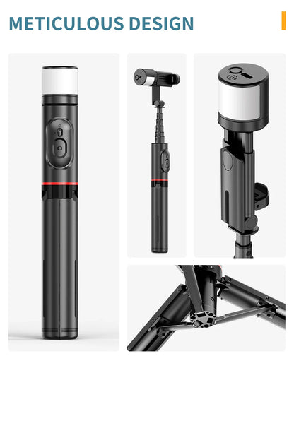 Roreta Portable Wireless Bluetooth Selfie Stick Tripod with Fill Light – Telescopic for iPhone 13, Huawei, Xiaomi & Android Phones